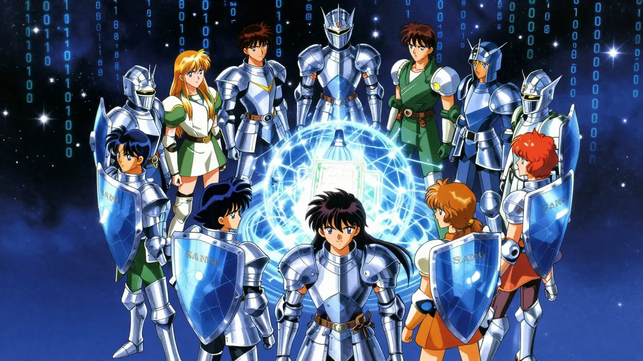 Retro anime style network guards protecting a glowing core of digital assets in space.