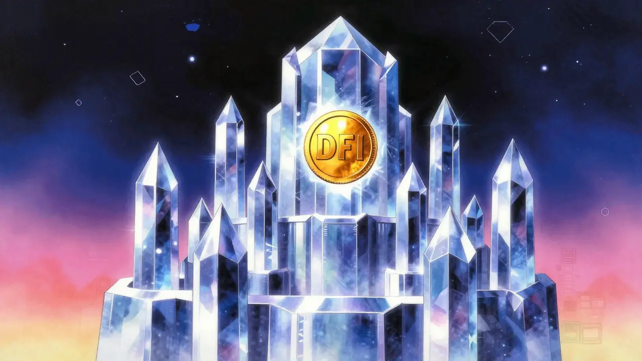 Secure crystalline fortress with a floating DFI token in retro anime style