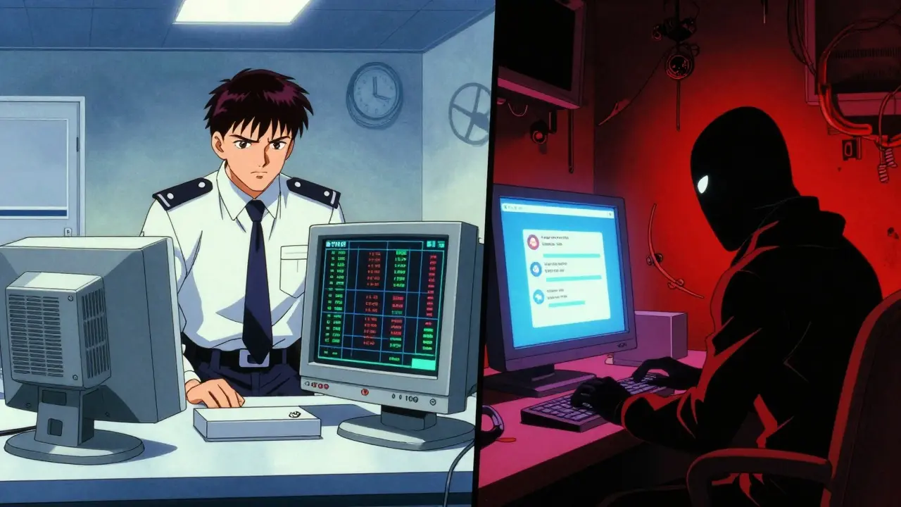 Split screen showing a government monitor and a secret crypto operator in retro anime style.