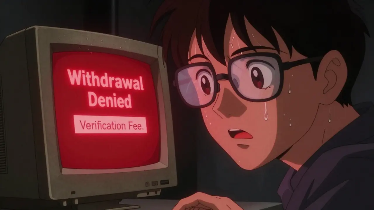 Stressed anime character looking at a computer screen with a withdrawal error