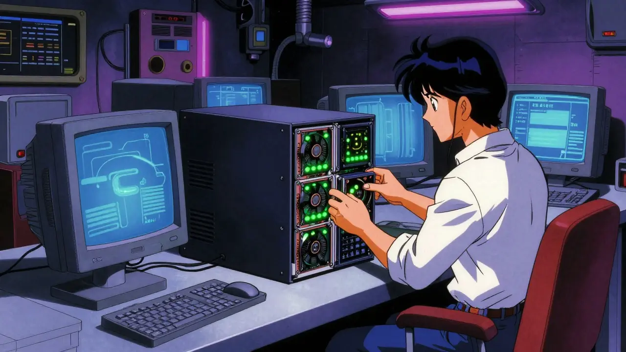 Technician installing crypto mining hardware in a high-tech workshop, retro anime style