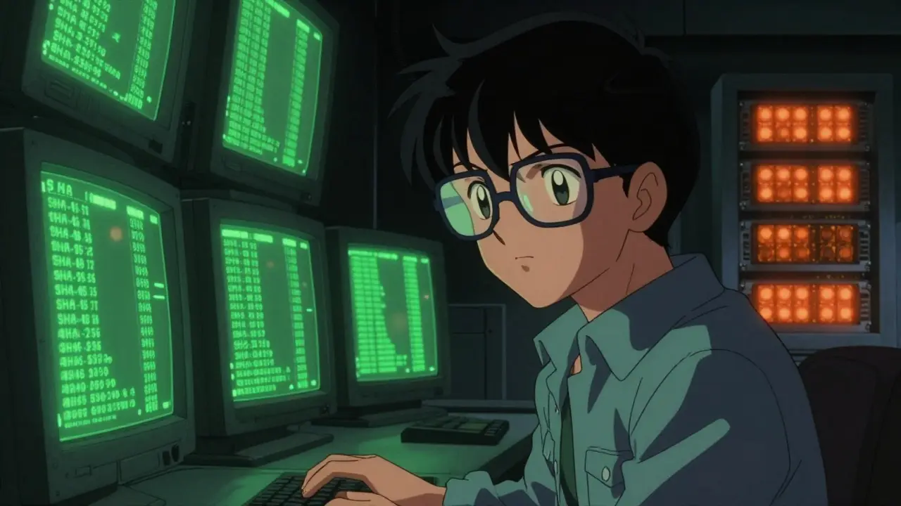 Technician monitoring SHA-256 hash sequences on glowing green monitors in retro anime style.