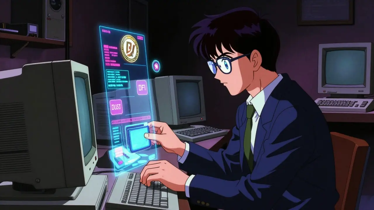 Trader setting up a crypto wallet on vintage monitors in retro anime style