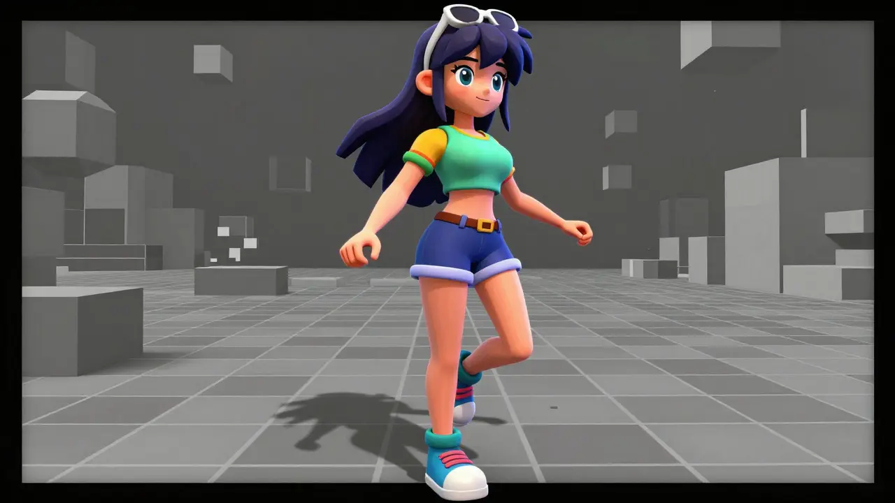 3D anime avatar stepping out of a 2D frame into a virtual metaverse