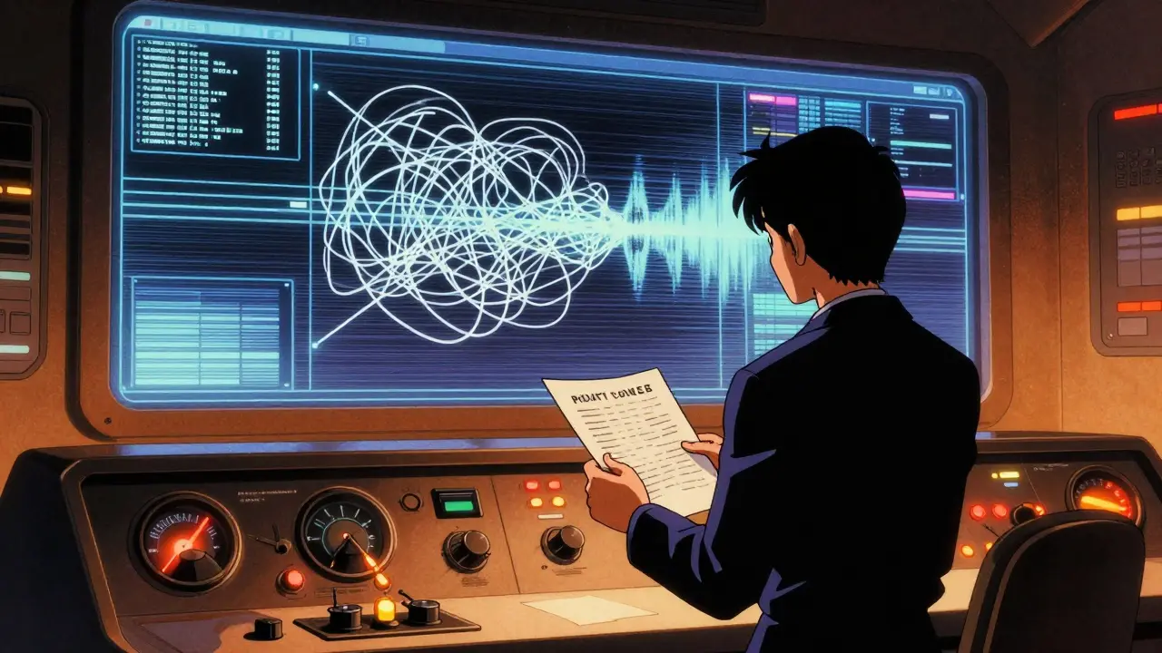 Analyst struggles with blurred data on a screen, symbolizing untraceable transactions.