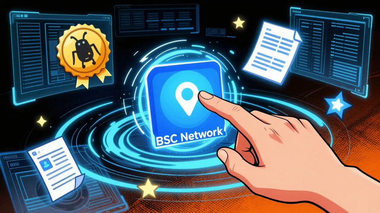 Anime character connecting a wallet to a network portal with floating icons.