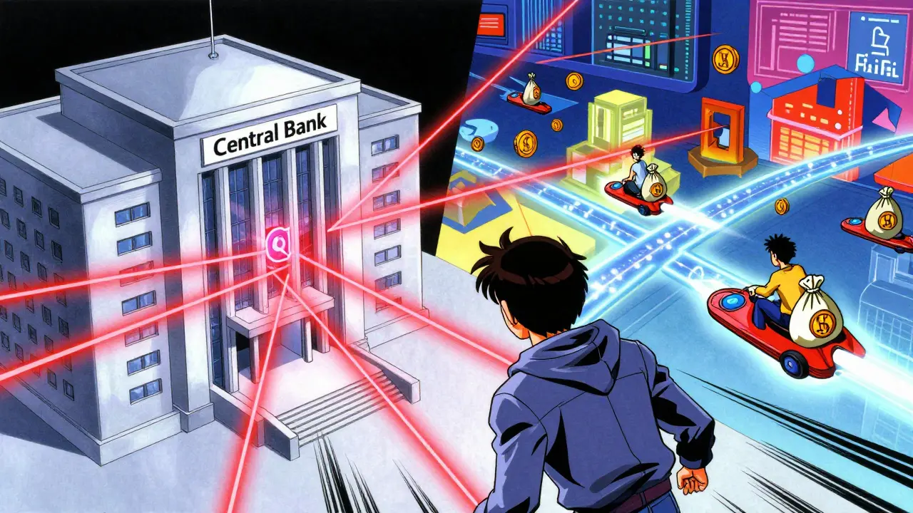 Anime character escaping strict banking controls via a vibrant digital bridge.