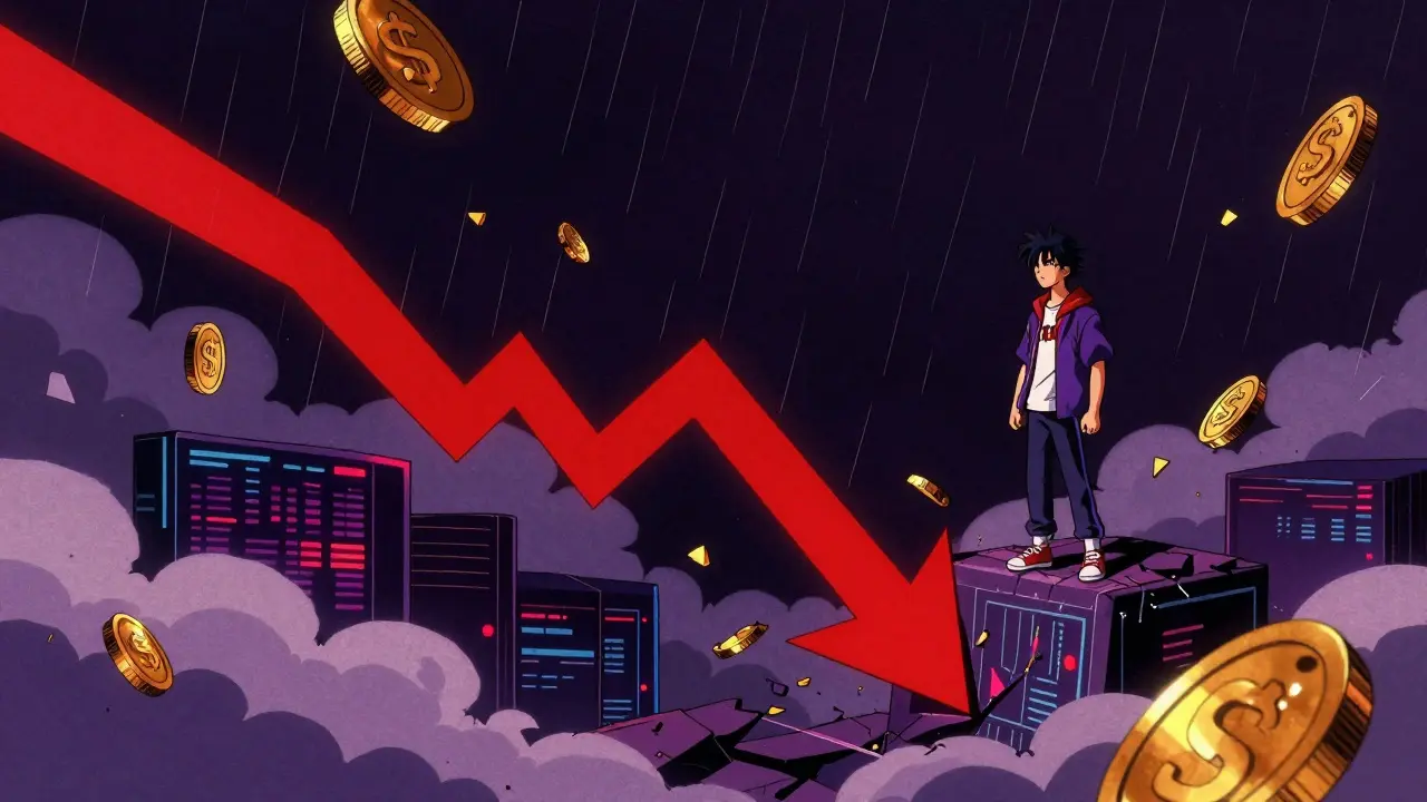 Anime character standing on crumbling platform as digital assets fall