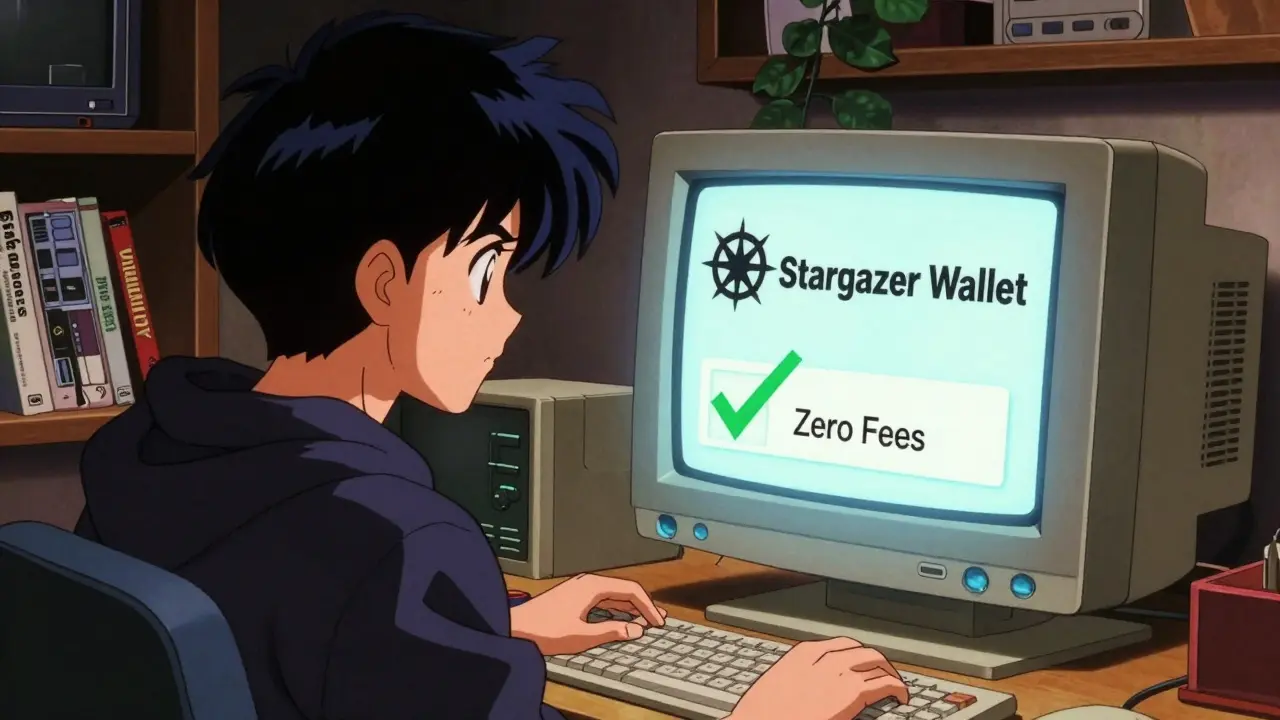 Anime character using Stargazer wallet for feeless crypto transactions on PC.