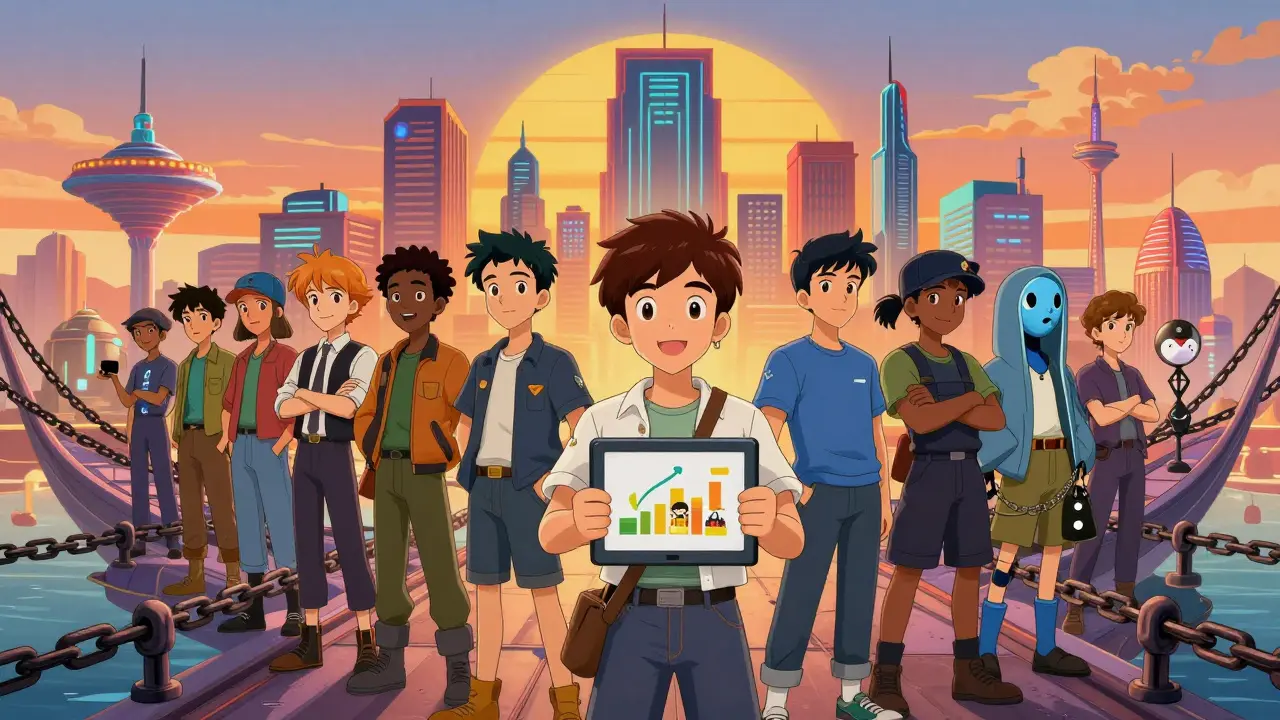 Anime characters on a multi-chain bridge receiving profit shares