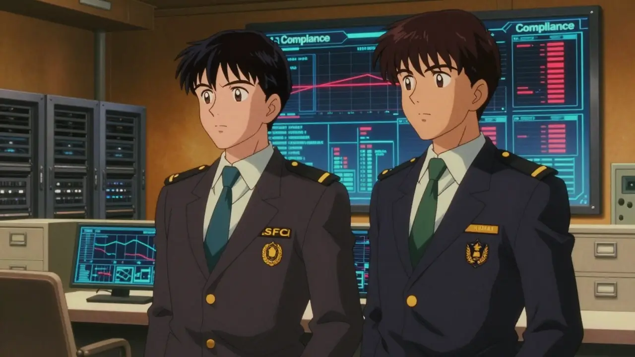 Anime characters representing SFC and HKMA regulators monitoring compliance screens in a control room.