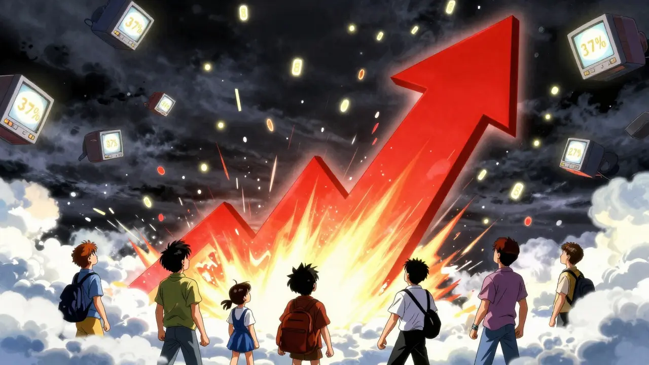 Anime characters watching glowing tokens rain down amidst a surging market graph.