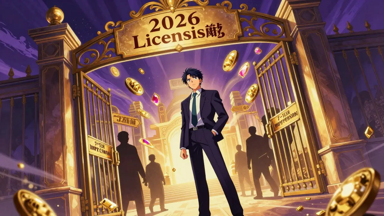 Anime entrepreneur facing a licensing gate with glowing tokenized assets and shadowy penalties behind.
