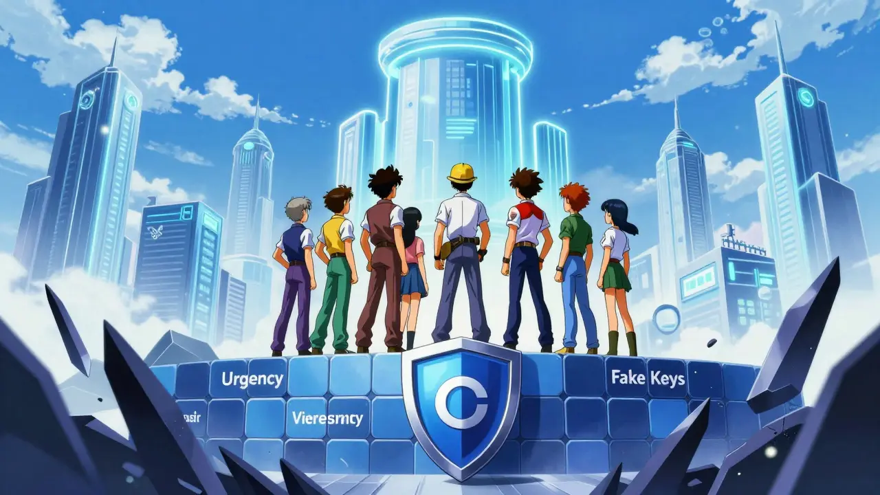 Anime group standing safely behind a shield against crypto scam attacks