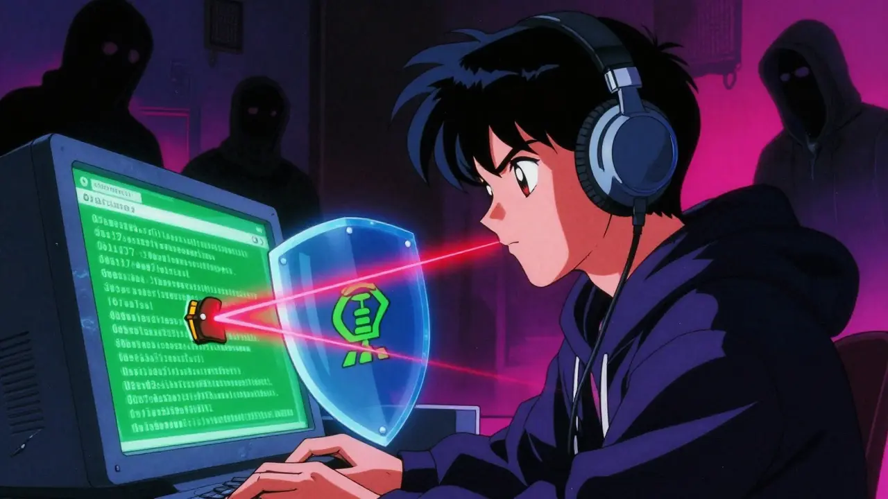 Anime hacker blocking phishing scams with a shield while checking URLs on a terminal