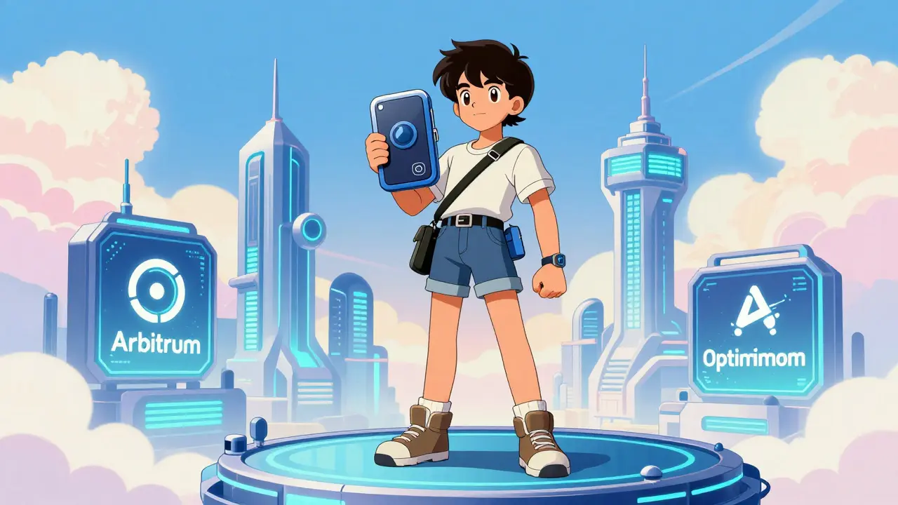 Anime hero protecting assets with hardware wallet amidst safe blockchain networks.
