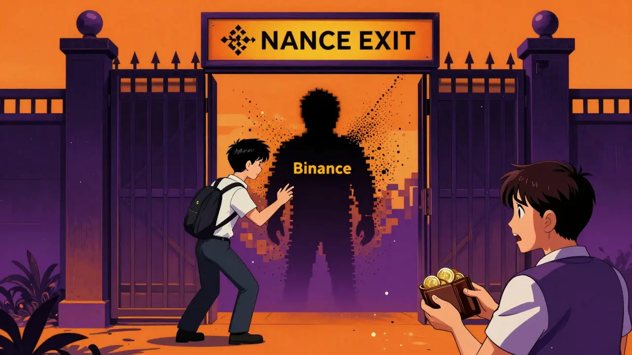 Anime illustration of Binance exiting the Philippine market via blocked gate