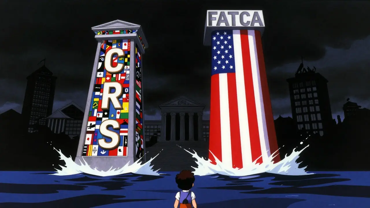 Anime illustration of CRS and FATCA pillars rising
