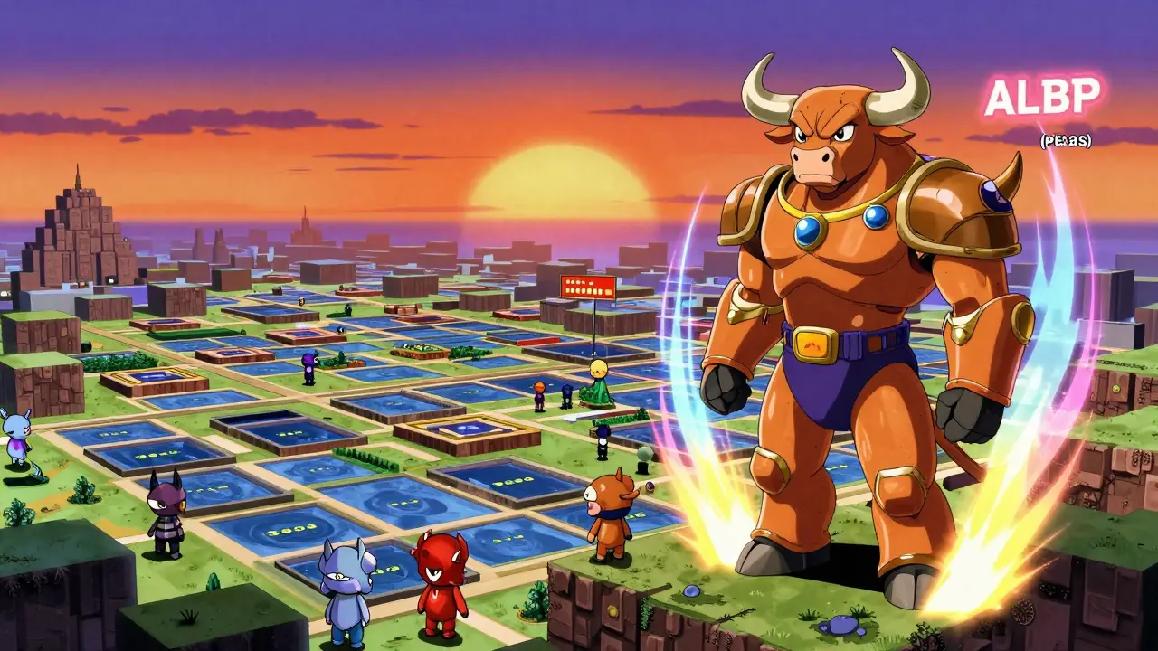 Anime style Bull NFT character standing over virtual land plots