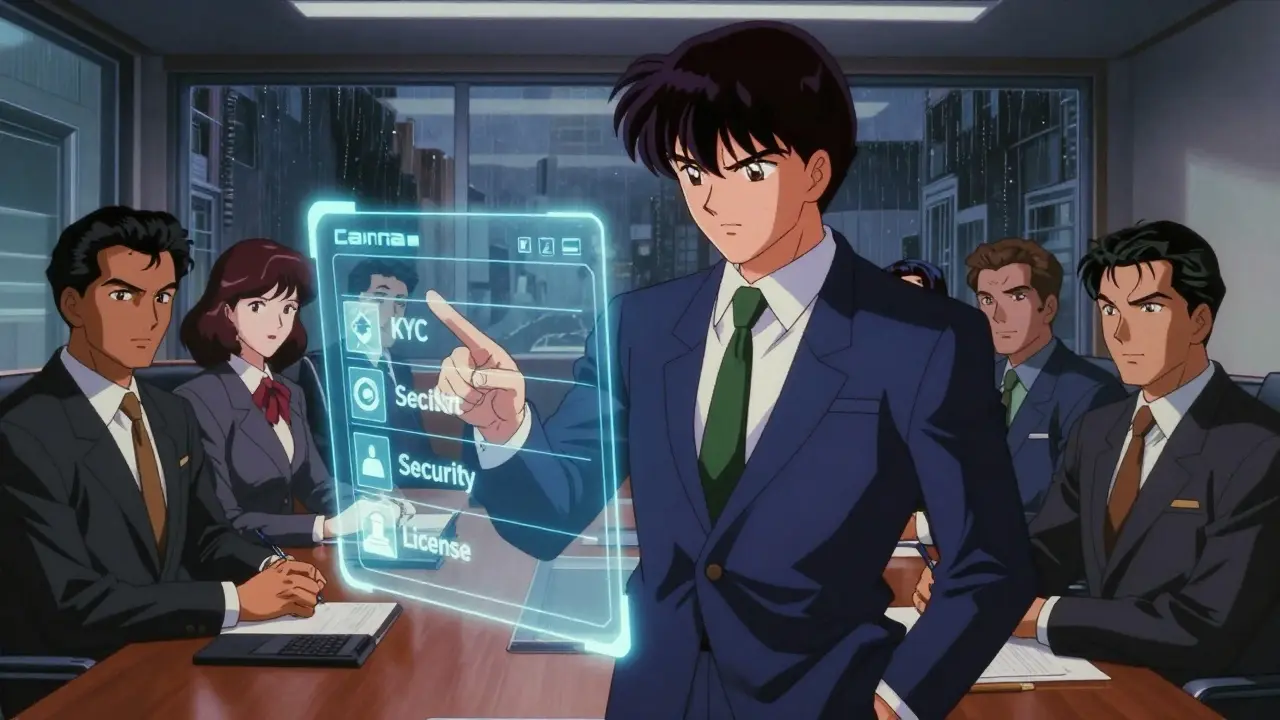 Anime-style meeting showing CEO reviewing compliance checklist with team.