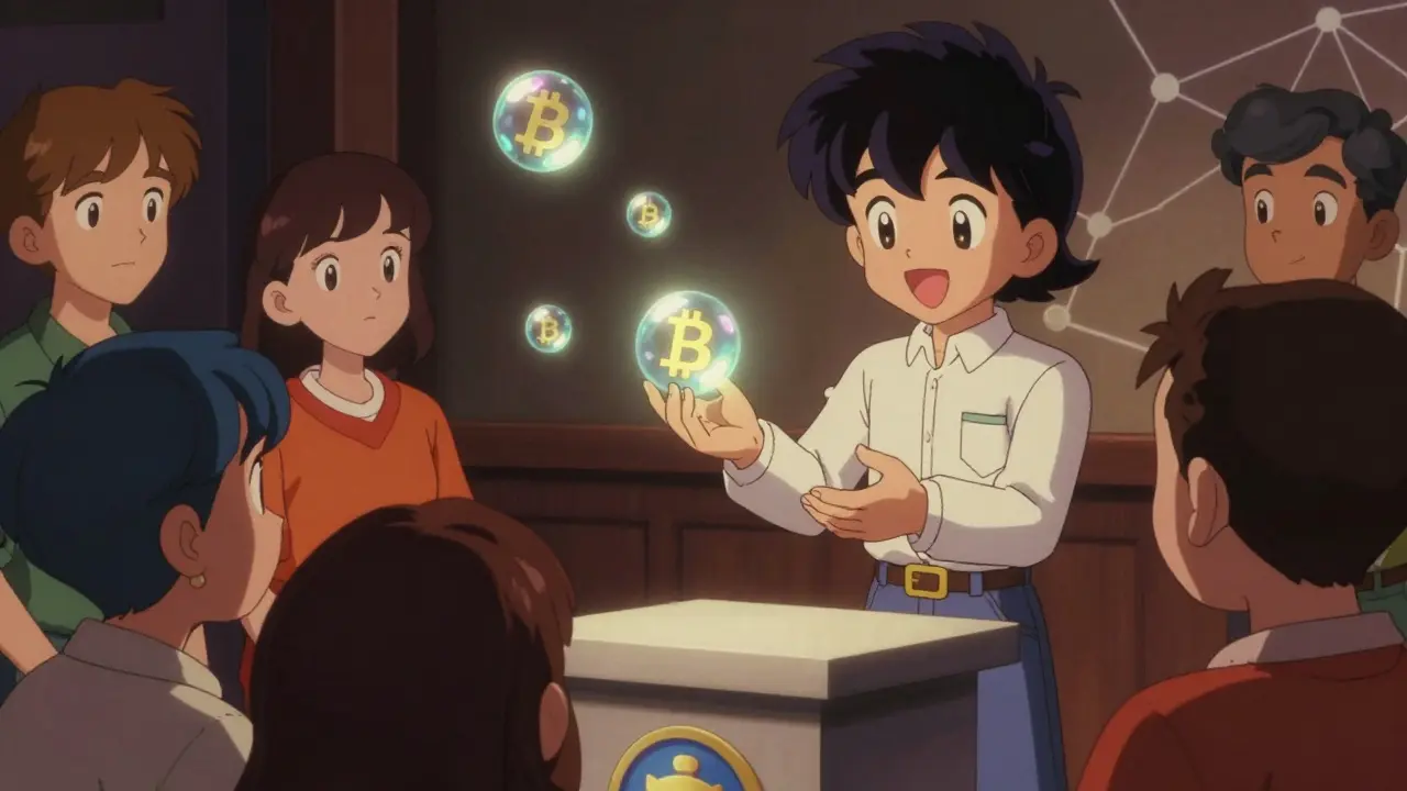 Anime style scene showing Qubit Protocol distributing glowing tokens to early adopters.