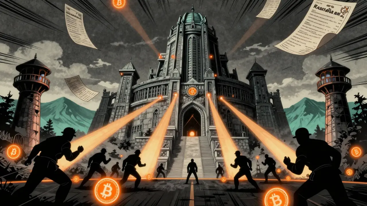 Bank fortress blocking crypto tokens with enforcement beams