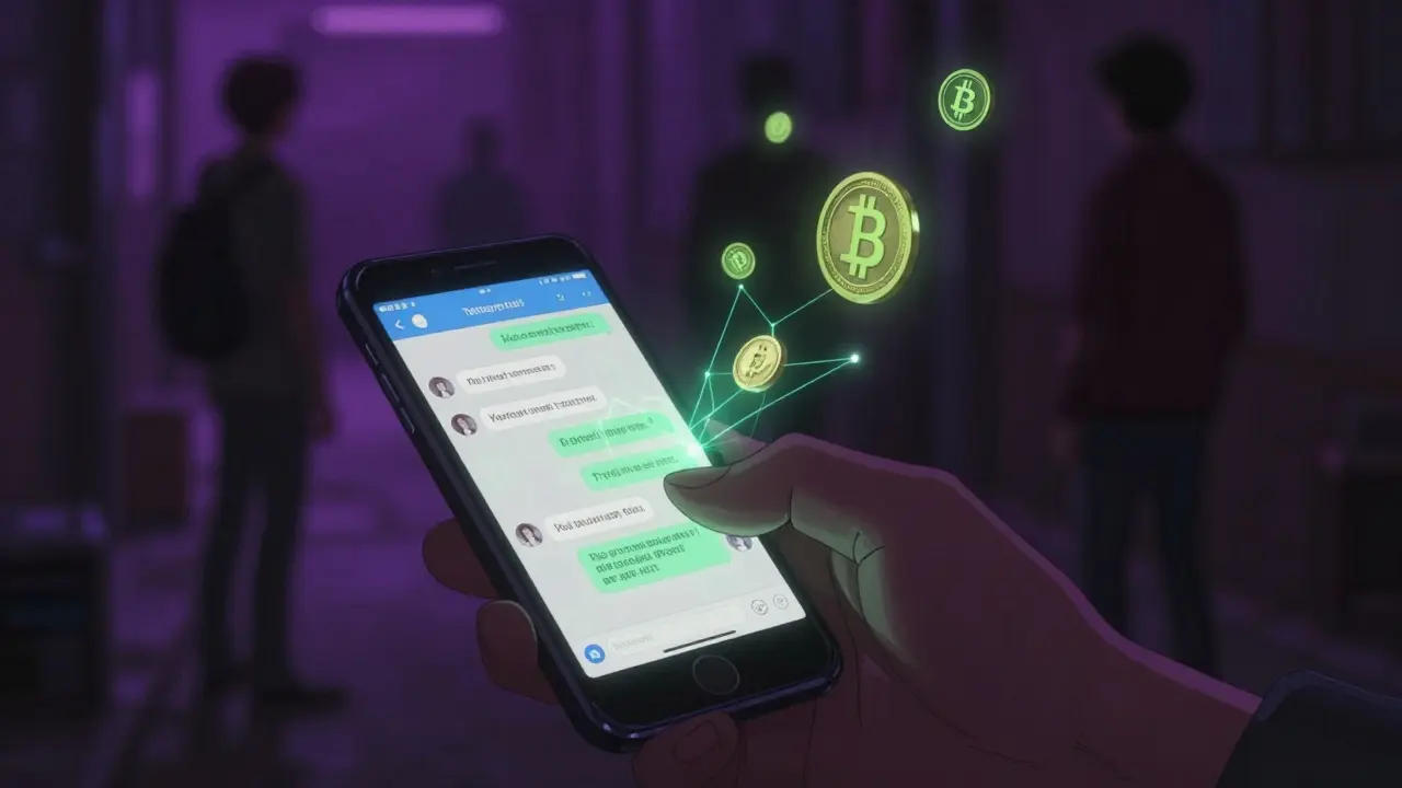 Close-up of smartphone P2P trading with holographic crypto coins in a dark alley.