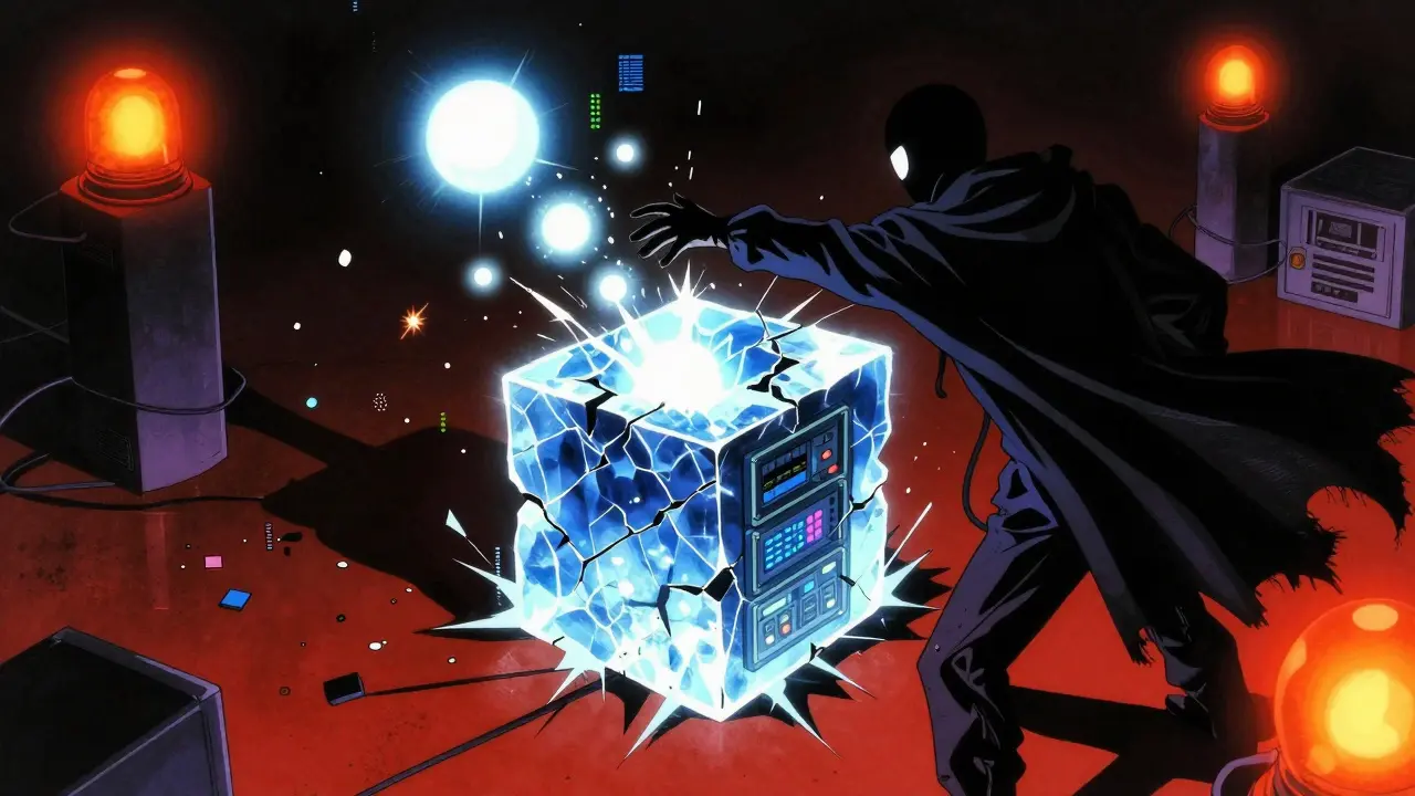 Dark retro anime scene of a hacker draining glowing assets from a cracked ice server.