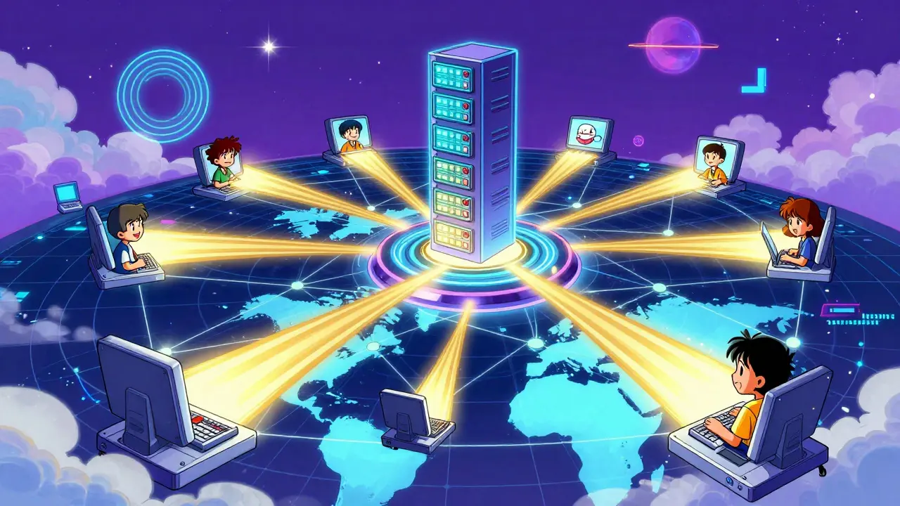 Glowing network nodes connecting creators directly to viewers