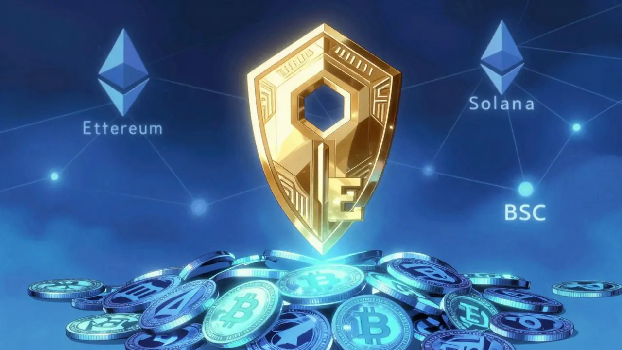 Glowing NFT key hovering over piles of TAUR tokens in anime art