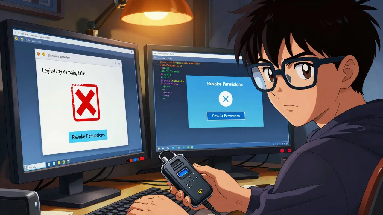 Hacker checking URLs and revoking wallet permissions on computer screens