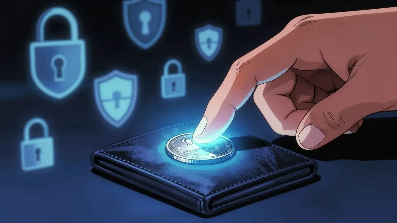 Hand holding glowing hardware wallet with security shields in background