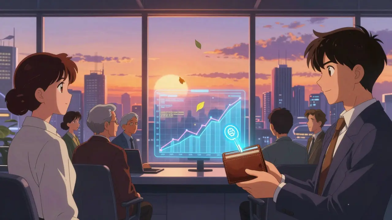 Investors viewing low-fee charts in a futuristic trading environment