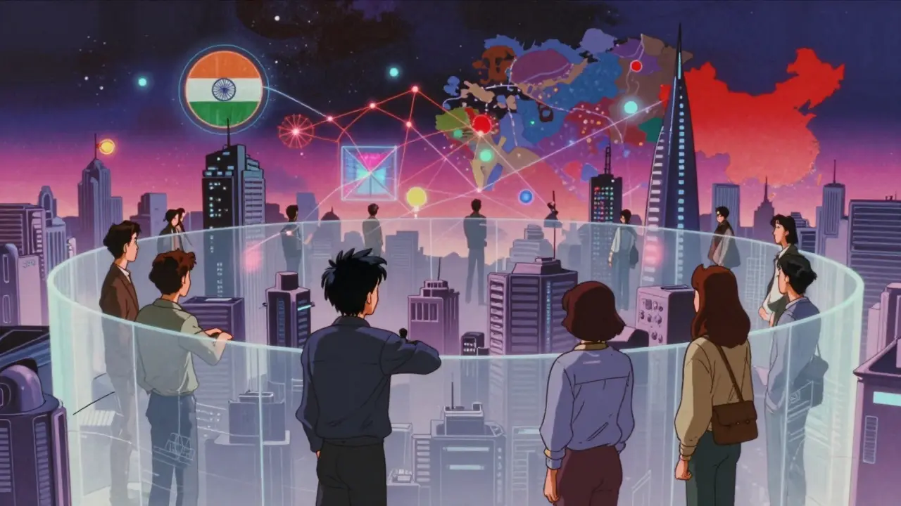 Isolated city behind digital barrier looking at vibrant tech abroad