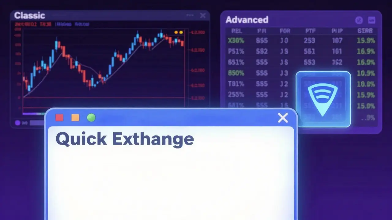 Layered retro anime graphic displaying simple and advanced trading screens