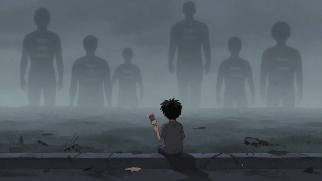 Lonely anime character holding a melting popsicle stick in a foggy, deserted digital wasteland.