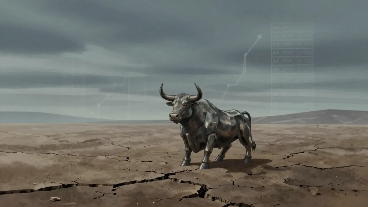 Lonely bull statue in empty digital landscape showing low liquidity