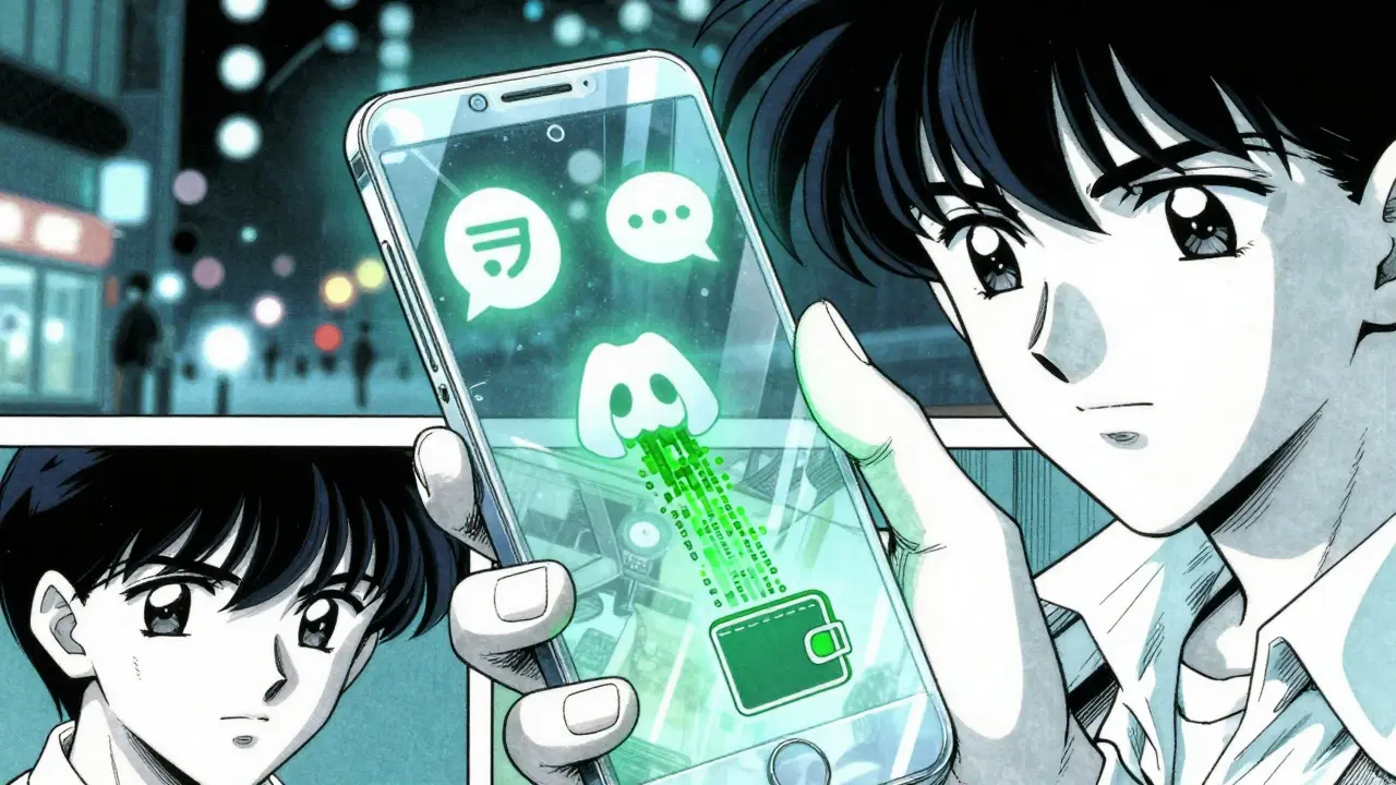 Manga style illustration of social media icons merging into crypto data streams.