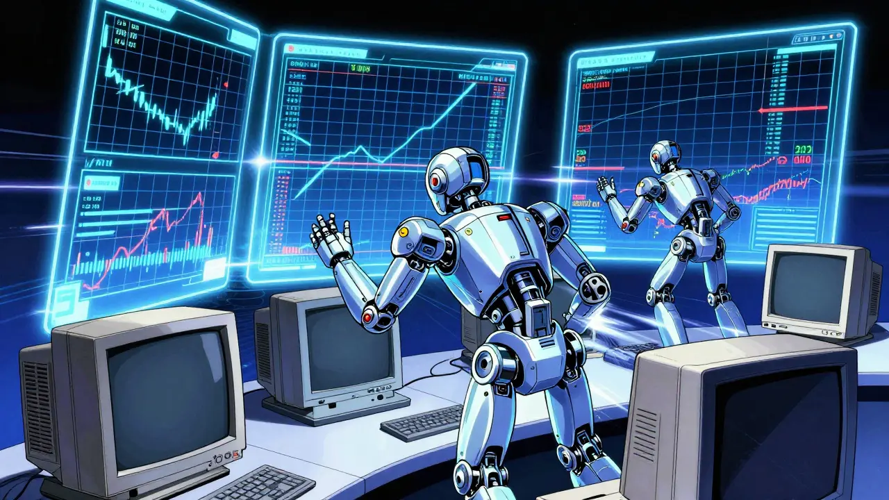 Mechanical robots executing automated trades on holographic screens