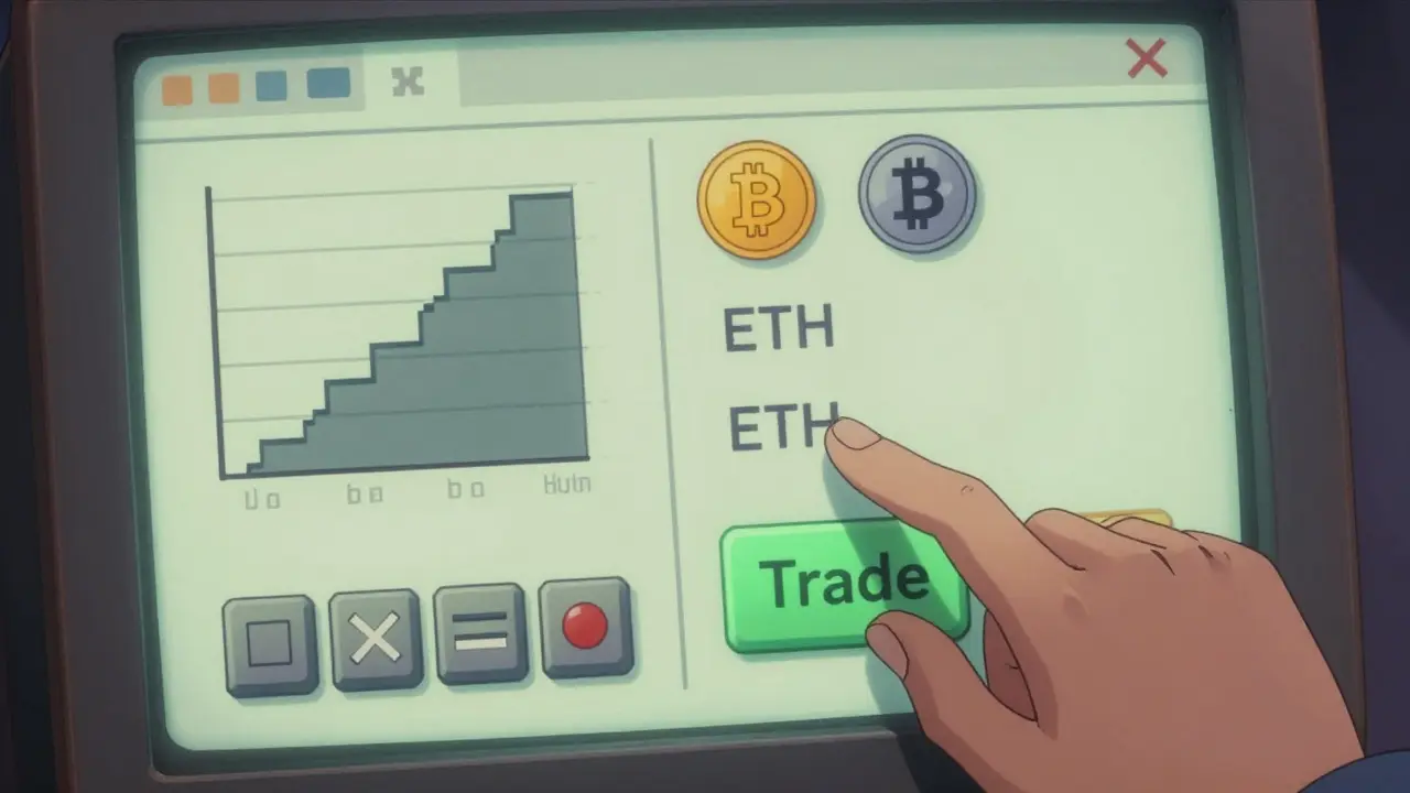Outdated crypto trading interface with pixelated charts