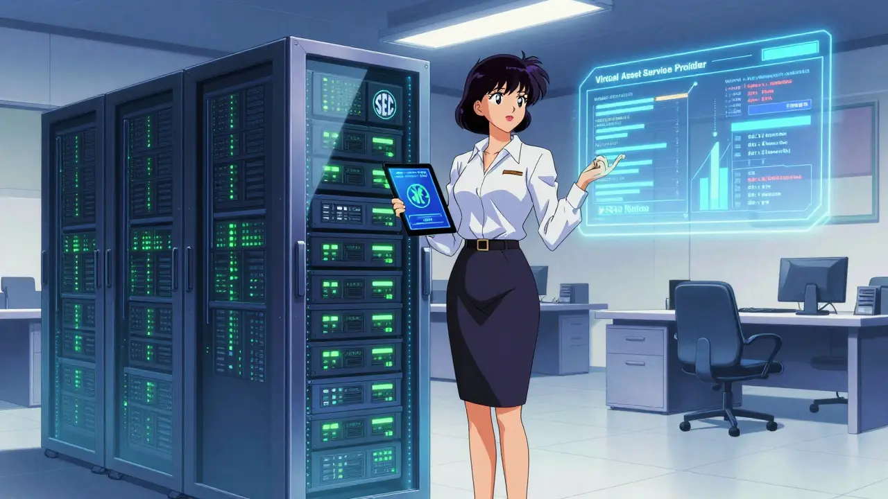 Professional woman in a high-tech VASP office with glowing servers and compliance data in retro anime art.