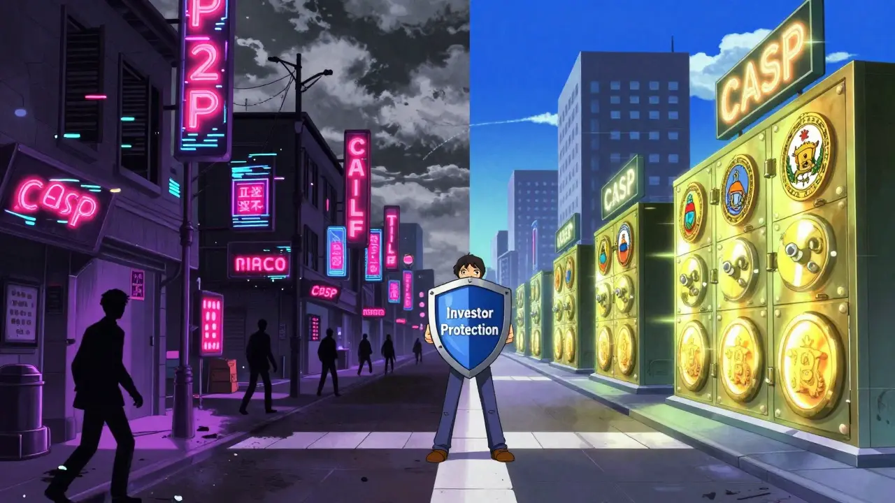 Retro anime contrast between unregulated chaos and secure crypto compliance