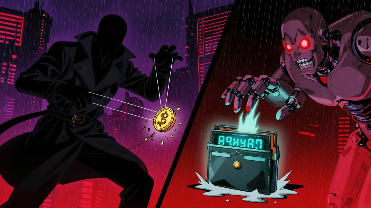 Retro anime depiction of crypto scams: pump-and-dump and wallet draining.