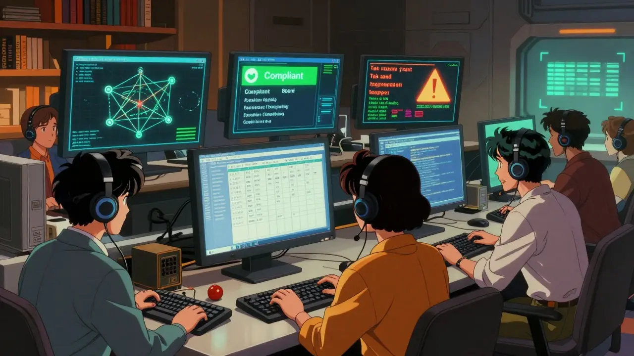 Retro anime scene of professionals monitoring compliance