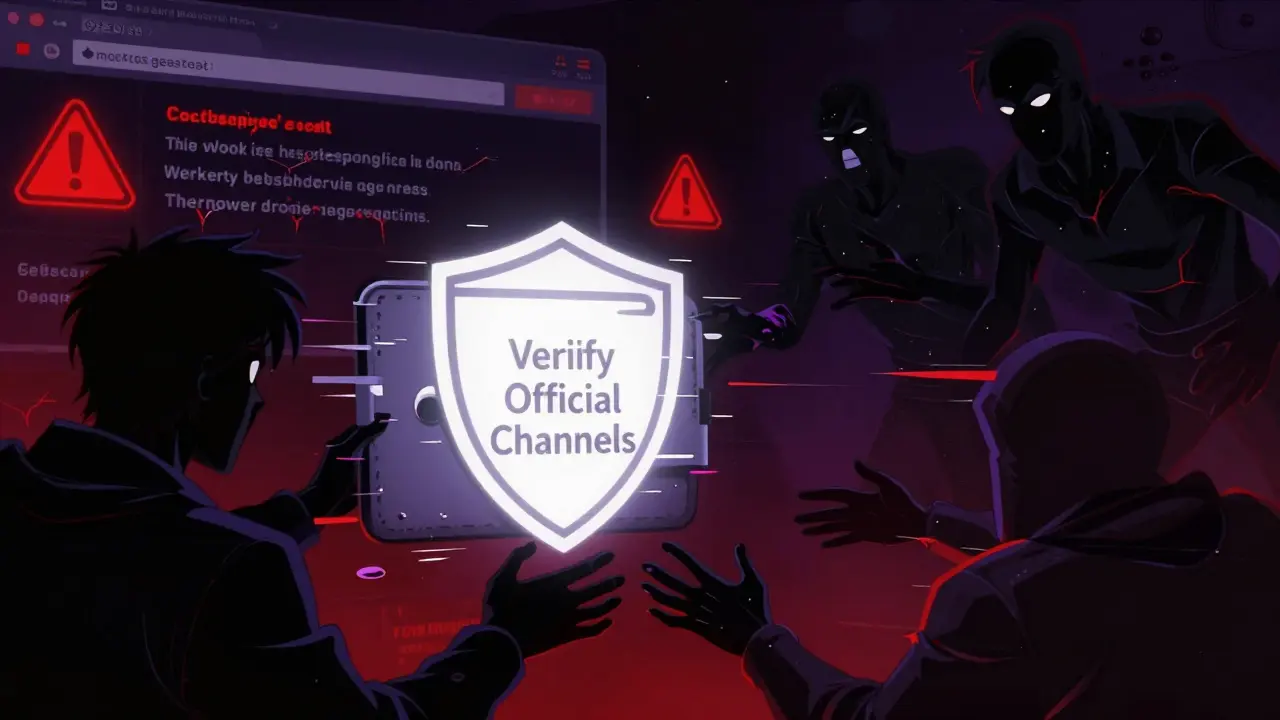 Retro anime warning image depicting shadowy scam figures threatening a crypto wallet.
