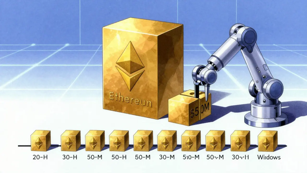 Robotic arm slicing large crypto order into small chunks over time in retro anime