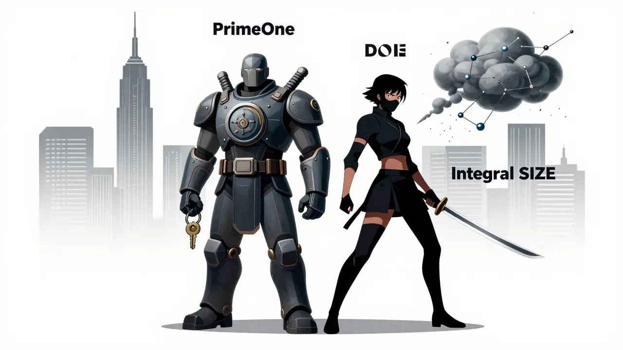 Two figures representing PrimeOne and Integral SIZE standing together in retro anime