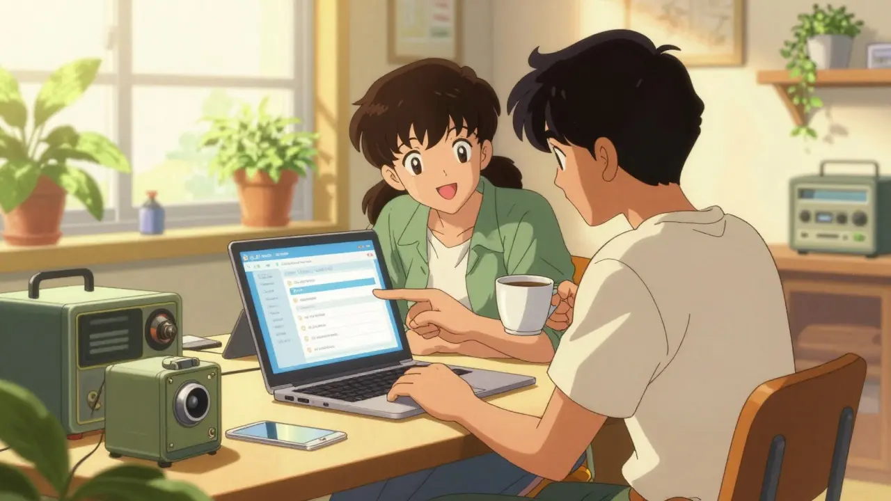Two people smiling at laptop screen showing safe crypto trading interface