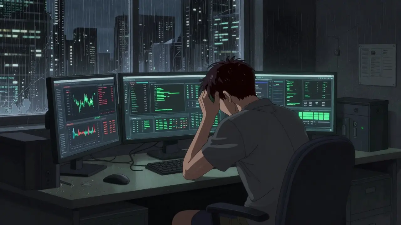 Weary figure staring at crypto trading screens in a dim cyberpunk room