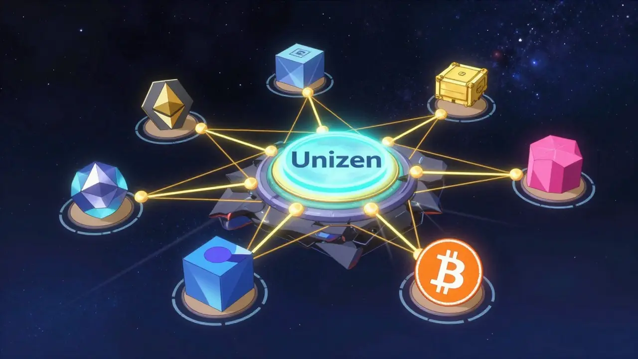 Abstract visualization of Unizen connecting multiple blockchains seamlessly